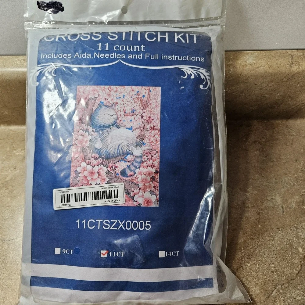 Cross Stitch‎ Kit 11 Count Sleeping Cat Cherry Blossoms Framed Picture 65x50cm